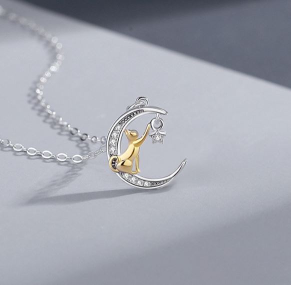 Collier croissant de lune or chat bohème chic