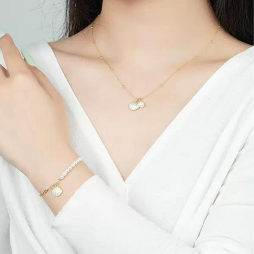 Parure or collier et bracelet perles coquillage blanc